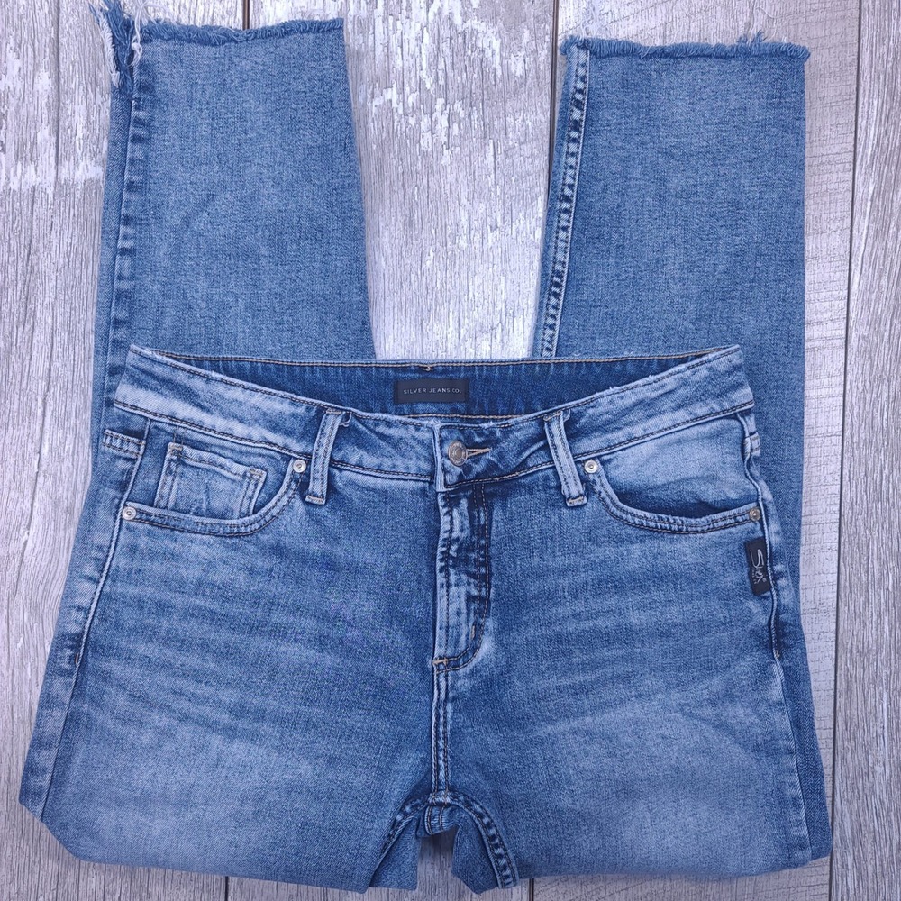 Silver Jeans Avery Slim Ankle Women Size 30x27 Blue Distressed Raw Hem - Picture 2 of 7